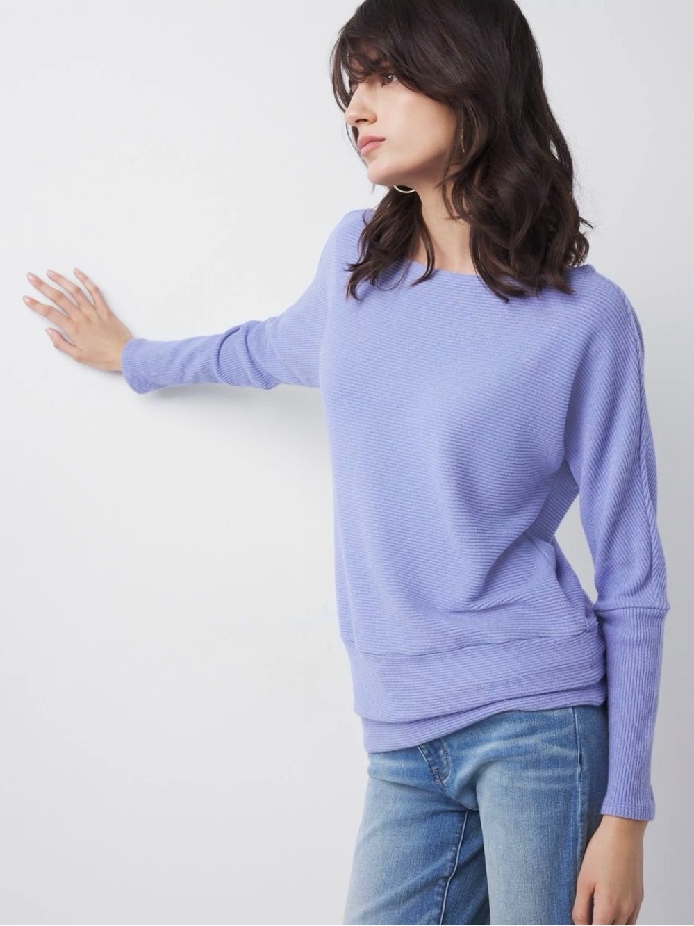 NWT White House Black Market Off-The-Shoulder Ribbed Knit Pullover in Dusty Blue